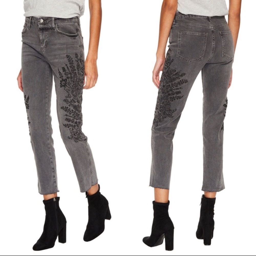 FREE PEOPLE Jeans Straight Leg Gray Embroidered Floral High Waist Crop size 25